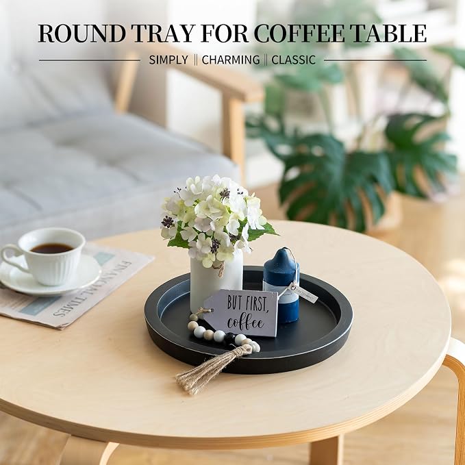 Hanobe Wooden Tray for Coffee Table: Candle Holder Plate Black Round Decorative