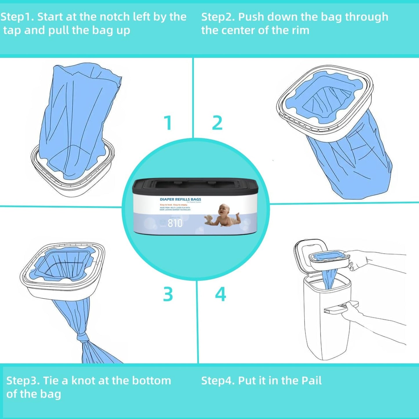 6 Packs Jumbo Square Refills Disposal Bags Refill Compatible with Diaper Genie Compact and Select Pails (Not Fit Classic Version Pails), Hold Up to 810 Newborn-Sized Diapers Per Refill
