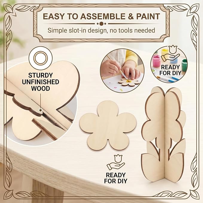 24-Piece 3D Craft Set Wooden Unfinished Wood Crafts Flowersspring Crafts