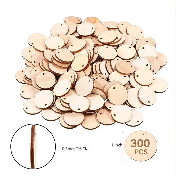 300 Pcs Unfinished Wood Circle Pendants Round Disc Blank Natural Wooden
