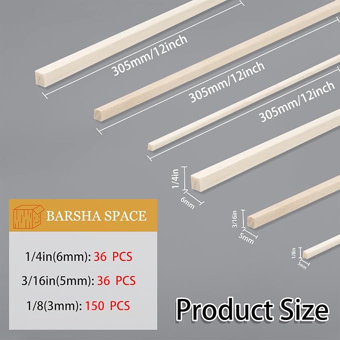 222Pcs Balsa Wood Sticks, Wood Strips Balsa Square Wooden Dowels Hardwood