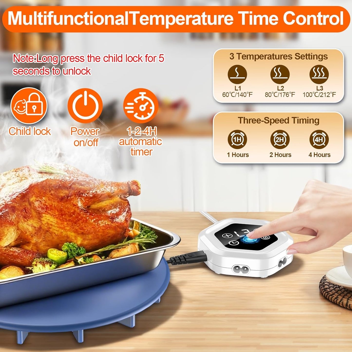 Upgrade Food Warming Mat,6-in-1 Silicone Warming Mat for Food-Fast Heating Electric Warming Tray with 3 Timer & Temp Settings,Portable Food Warmer for Parties Buffet,Raised Feet Protects Table (Blue)