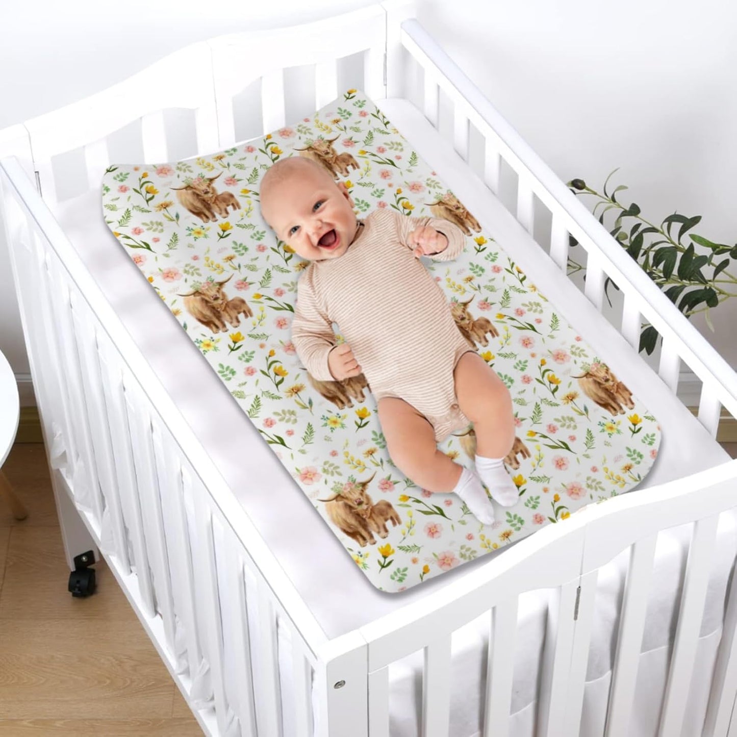 Highland Cows Retro Flowers Leaves Changing Pad Cover Farm Yak Floral Diaper Change Table Covers for Girls Boys Soft Stretch Fitted Changing Table Mats Sheets 32''x16''
