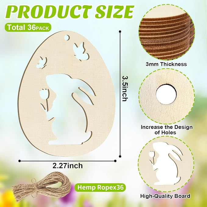 36PCS Wooden Easter Ornaments to Paint, 6 Styles DIY Blank Unfinished Wood Egg