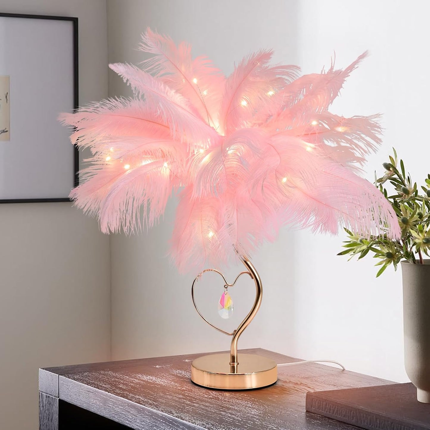 Pink Ostrich Feather Lamp Creative Furry Bedside Lamp Romantic Feather Table Lamp Fluffy Nightstand Lights for Girl Bedroom Wedding Decor Valentines Dating Livingroom Hotel Office