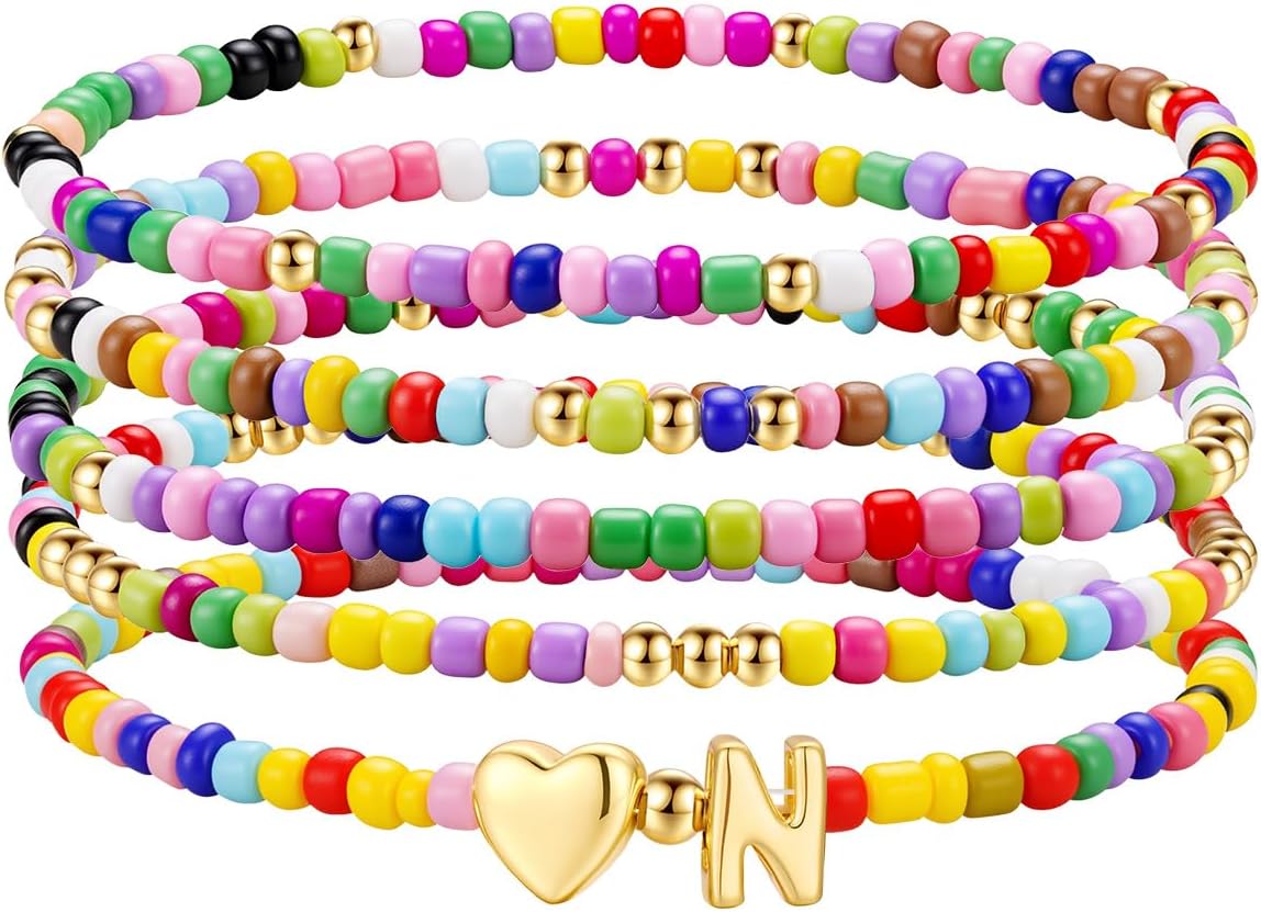 M MOOHAM Stocking Stuffers for Kids Girls Teen - 5PCS Colorful Beaded Initial Bracelets for Women Girls, Cute Stretch Heart Letter Bohemian Stackable Bracelet Birthday Gifts Jewelry for Kids Teen Girl