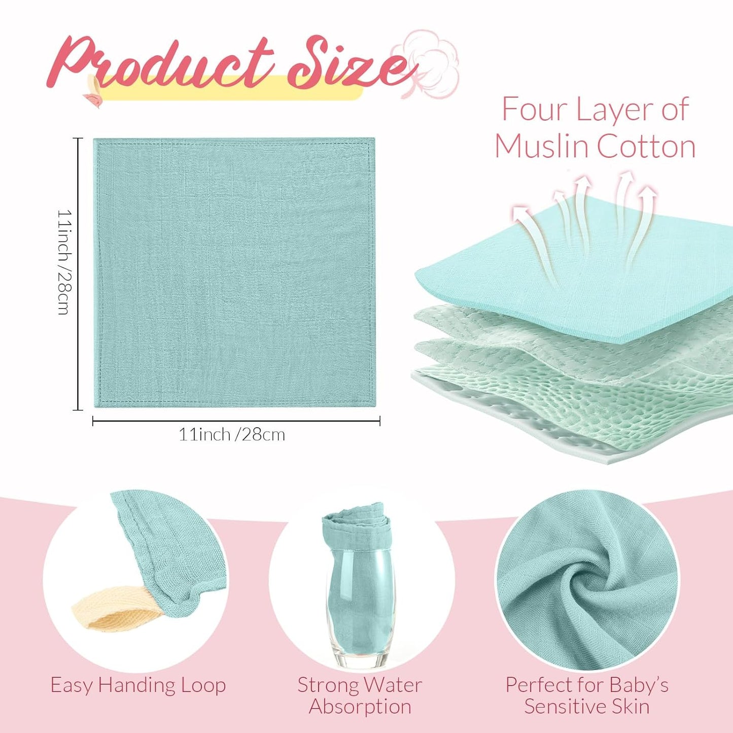 Preboun 6 Pcs Muslin Hooded Baby Towels and Washcloths 32"x 32" Cotton Newborn Bath Towel Anti-Shrink Infant Baby Blankets with Hood 12"x 12" Washcloths for Girl Boy Toddler(Green,Blue)