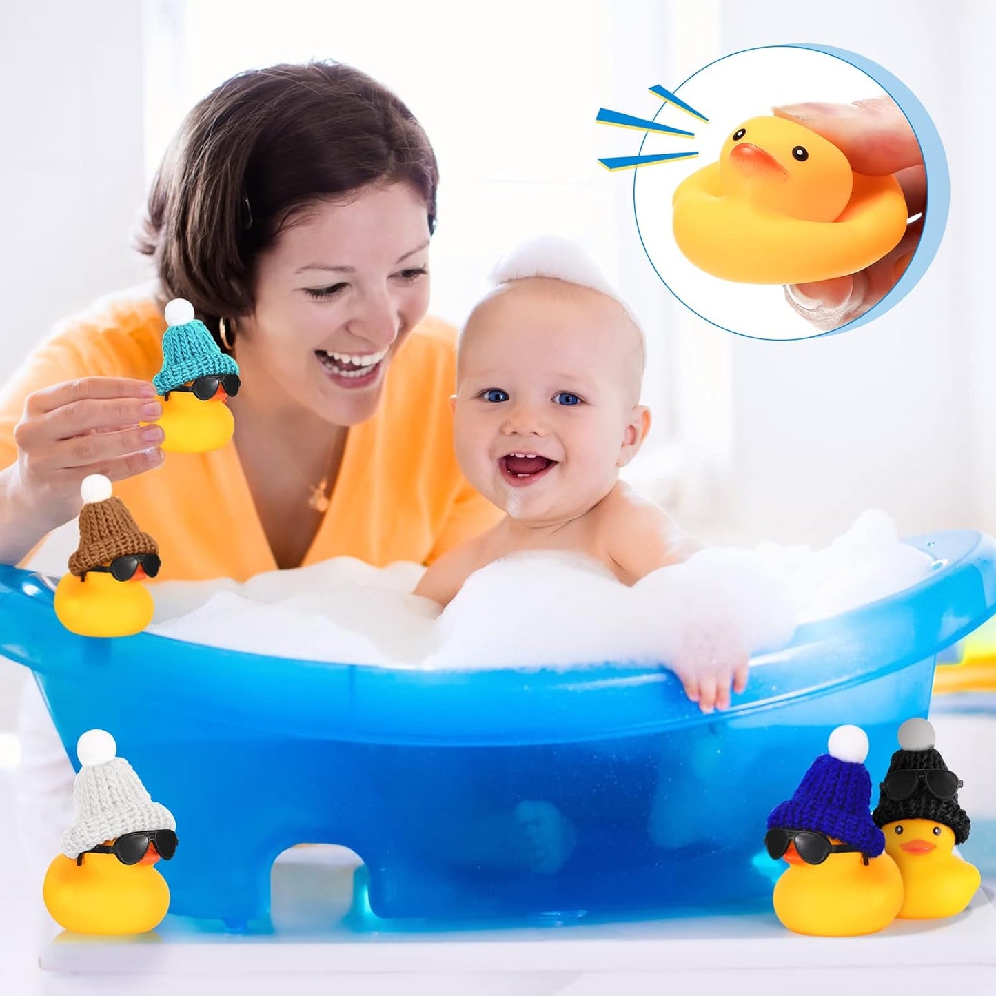 Chivao 48 Pcs Mini Rubber Duck in Bulk with 48 Sunglasses and 48 Knitting Hats Sets, Duck Bath Rubber Ducky Bathtub Toys for Cruise Birthday Baby Shower Bath Pool Party Carnival Game Gift