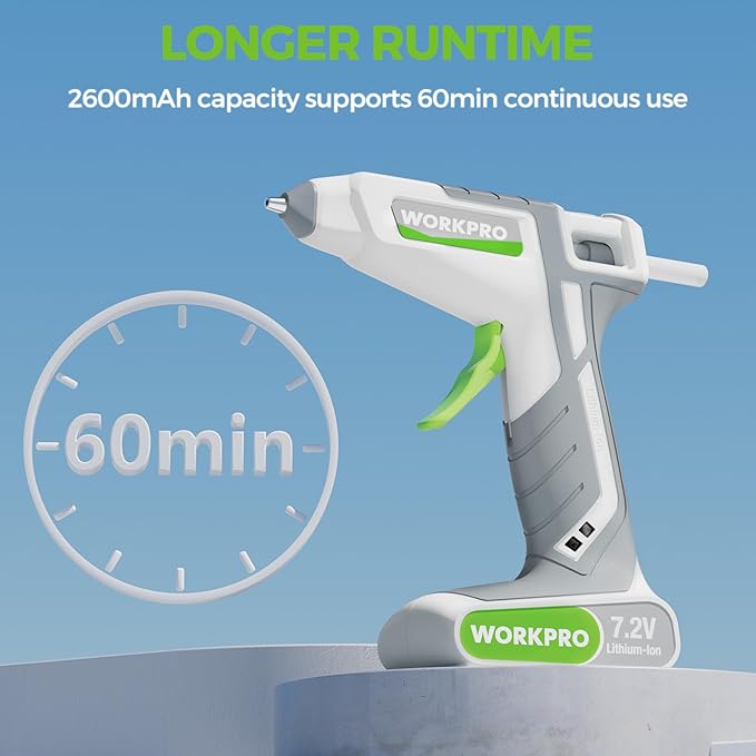 WORKPRO 7.2V Cordless Hot Melt Glue Gun, Rechargeable Fast Preheating Glue Gun