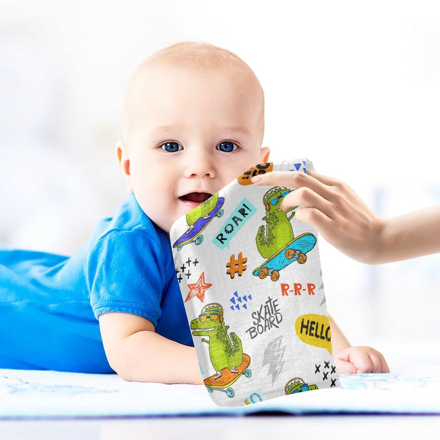 Funny Dinosaur Skateboarding Baby Muslin Washcloths Cartoon Animal Dino Burp Cloths Soft Absorbent Baby Wash Cloth Fingertip Face Towels for Newborn Boys Girls 12 x 12 in, 5 Pack