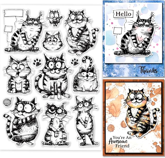 GLOBLELAND Coy Cat Clear Stamps Funny Cat Silicone Clear Stamp Seals Cartoon