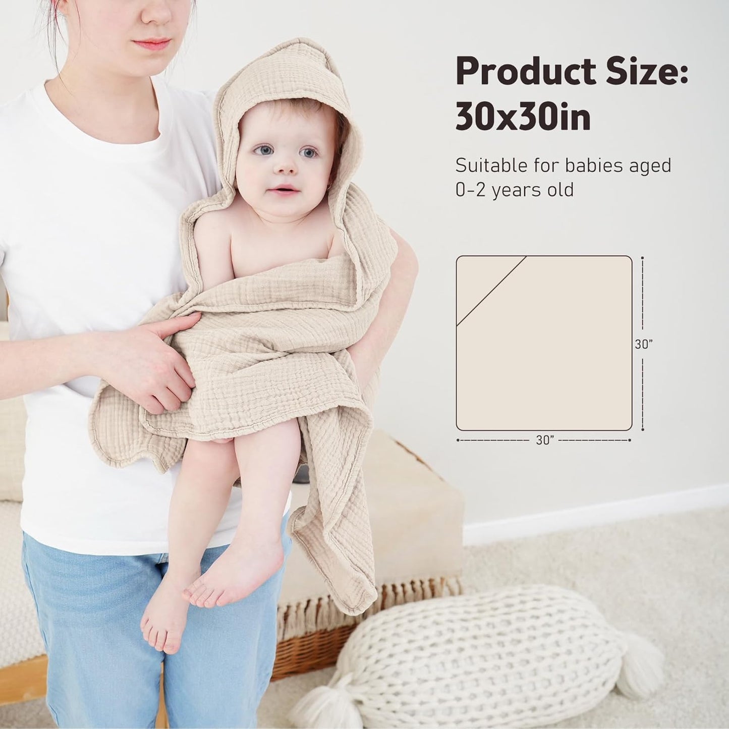 Susurration Hooded Baby Towels for Newborn 2 Pack 100% Muslin Cotton Towel for Babies，Highly Absorbent and Newborn Essential 30x30 Inch Cream&Dark Green