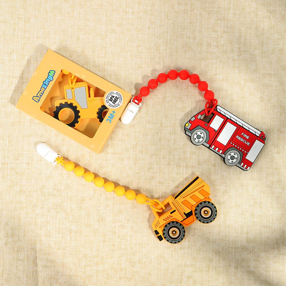 Baby Food Grade Silicone Carrier Vehicle Teether Toy with Pacifier Clip Holder,Teething Toys Gift Set for 3 Months+ Boys and Girls,Freezer Safe,BPA Free. (Fire Truck)