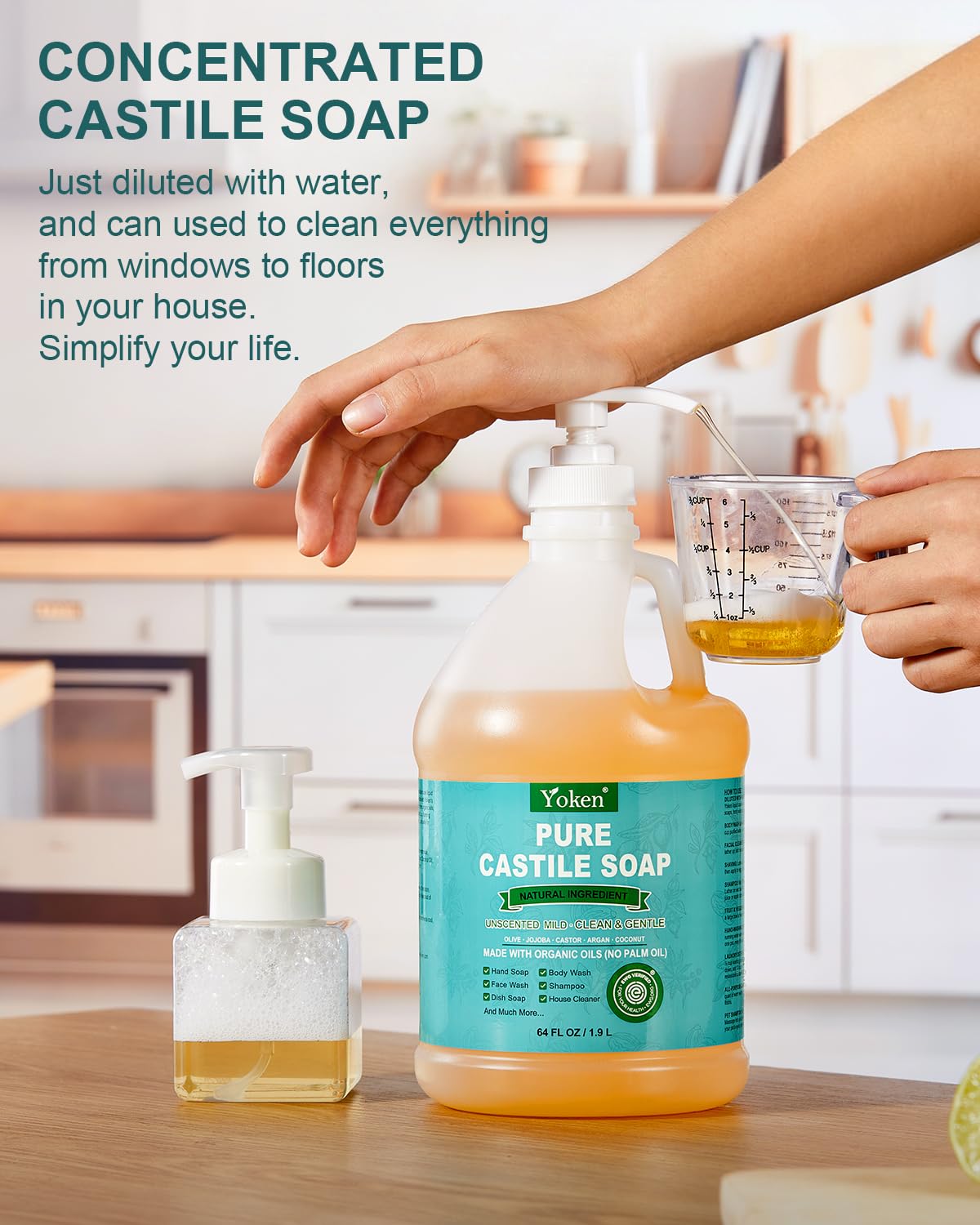 EWG Verified Organic Castile Soap Liquid (Unscented, 64 oz) Pure Castile Liquid Soap Made With Organic Oil, Clean & Gentle, Natural Castor Oil Soaps for Body & Face Wash, Hands, Dishes, Laundry
