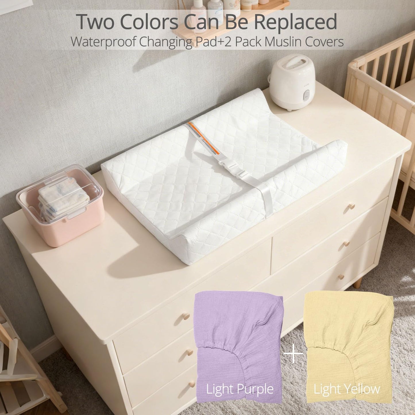 Muslin Baby Changing Pad, 2 Pack Muslin Soft Cotton Covers & Waterproof Lining Foam Diaper Changing Table Pad 32" x 16.6" Mat for Dressers