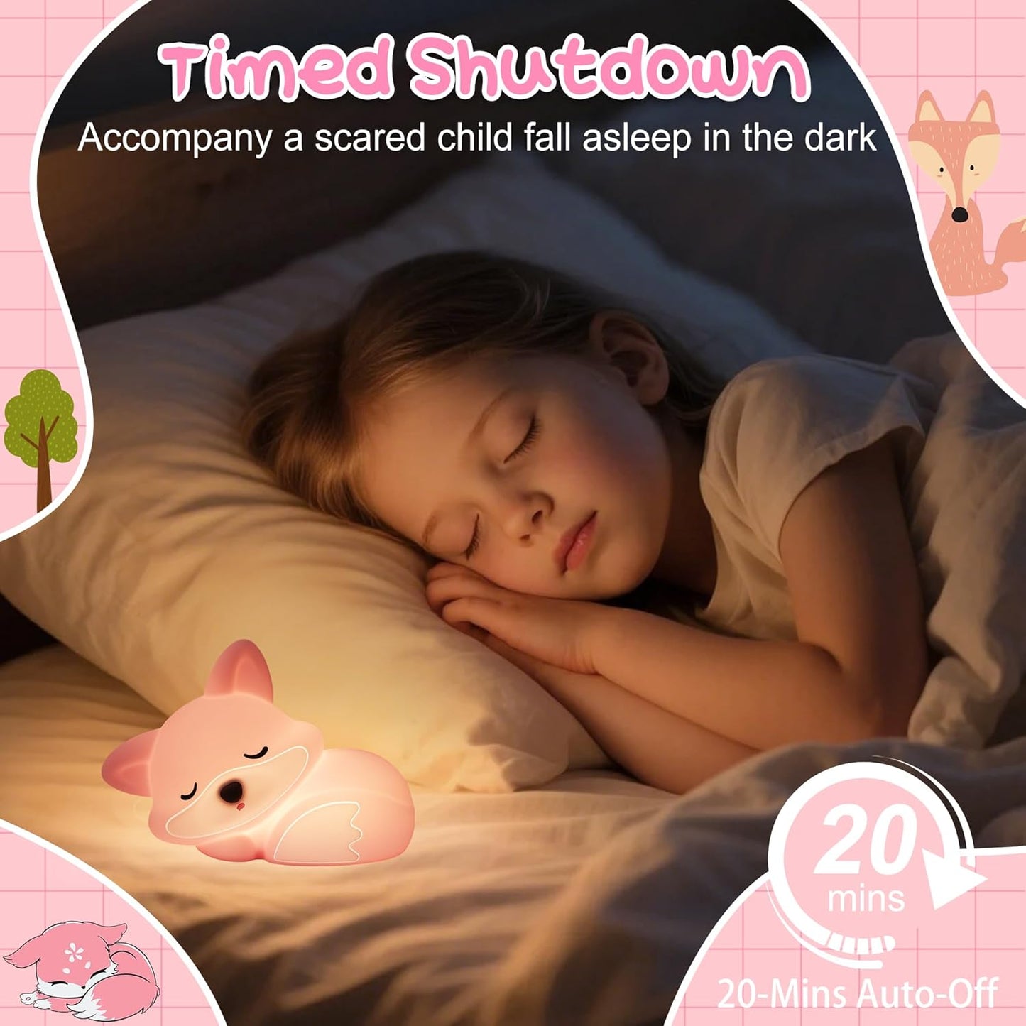 Fox Lamp for Girls, Pink Silicone Squishy Fox Shaped, 20 Mins Auto-Off Rechargeable Dimmable Night Light, Fox Gifts for Nursery Baby Girl Women, Christmas Idea