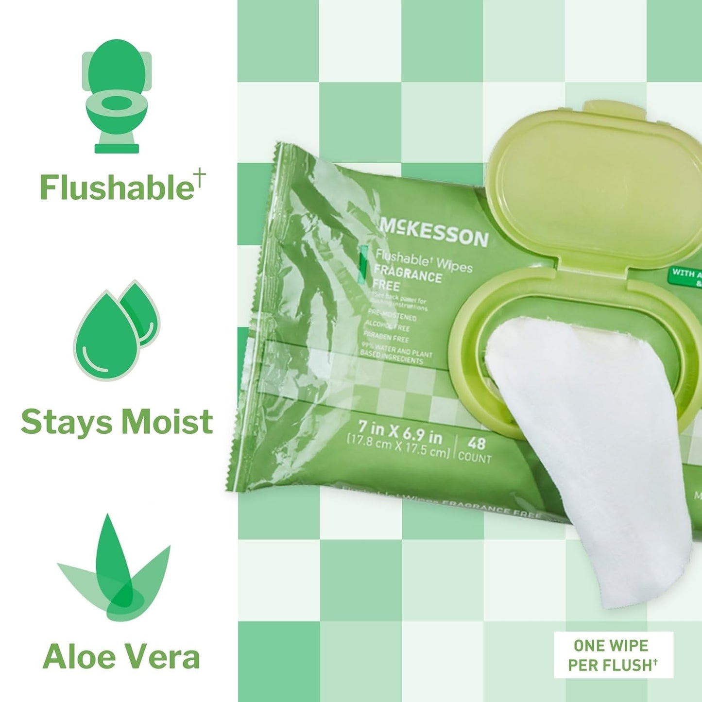 McKesson Adult Flushable Wet Wipes - 144 Count (3 Pack of 48) - Aloe & Vitamin E, Plant-Based Cleansing Wipes, Unscented