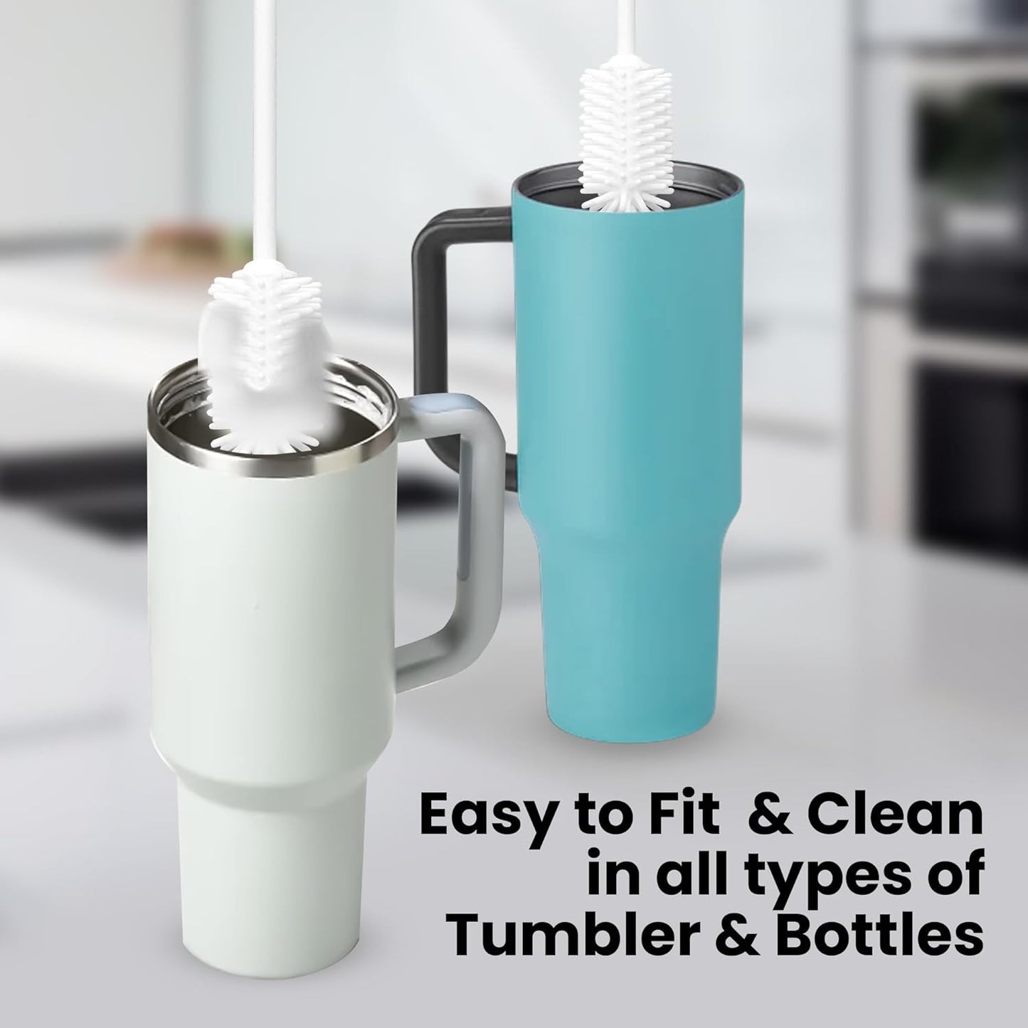 purifyou 16in & 12in Platinum Silicone Water Bottle Cleaner Brush Set with Cap Brushes, for Bottles, Tumblers, Drinking Glasses, Narrow Neck Containers, Dishwasher Safe, Durable (Set of 2, White)