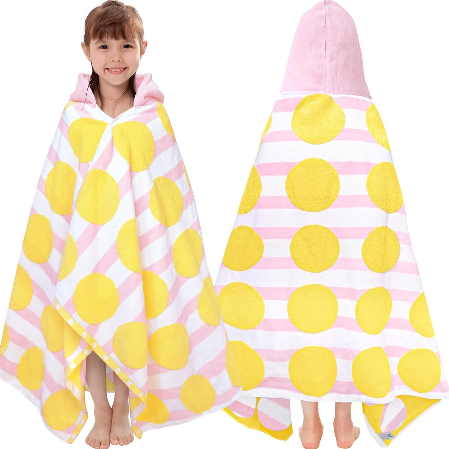 VOOVA & MOVAS Kids Bath Towel with Hood(3-10Years), Quick Dry Absorbent Lightweight Towel Wrap for Pool | Swim | Bath | Beach, Pink Strip Dot