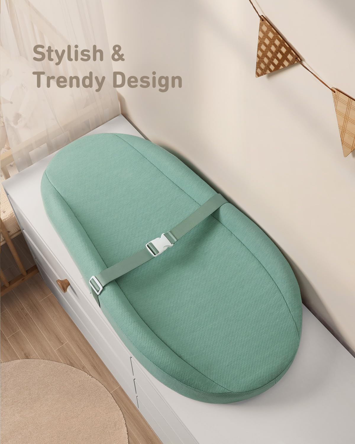 Blissful Diary Baby Changing Pad with Waterproof Lining Foam, Includes a Soft & Washable Cover, Contoured Changing Table Pads for Dresser Top with Non-Slip Bottom, 32”×16” (Green, Avocado)