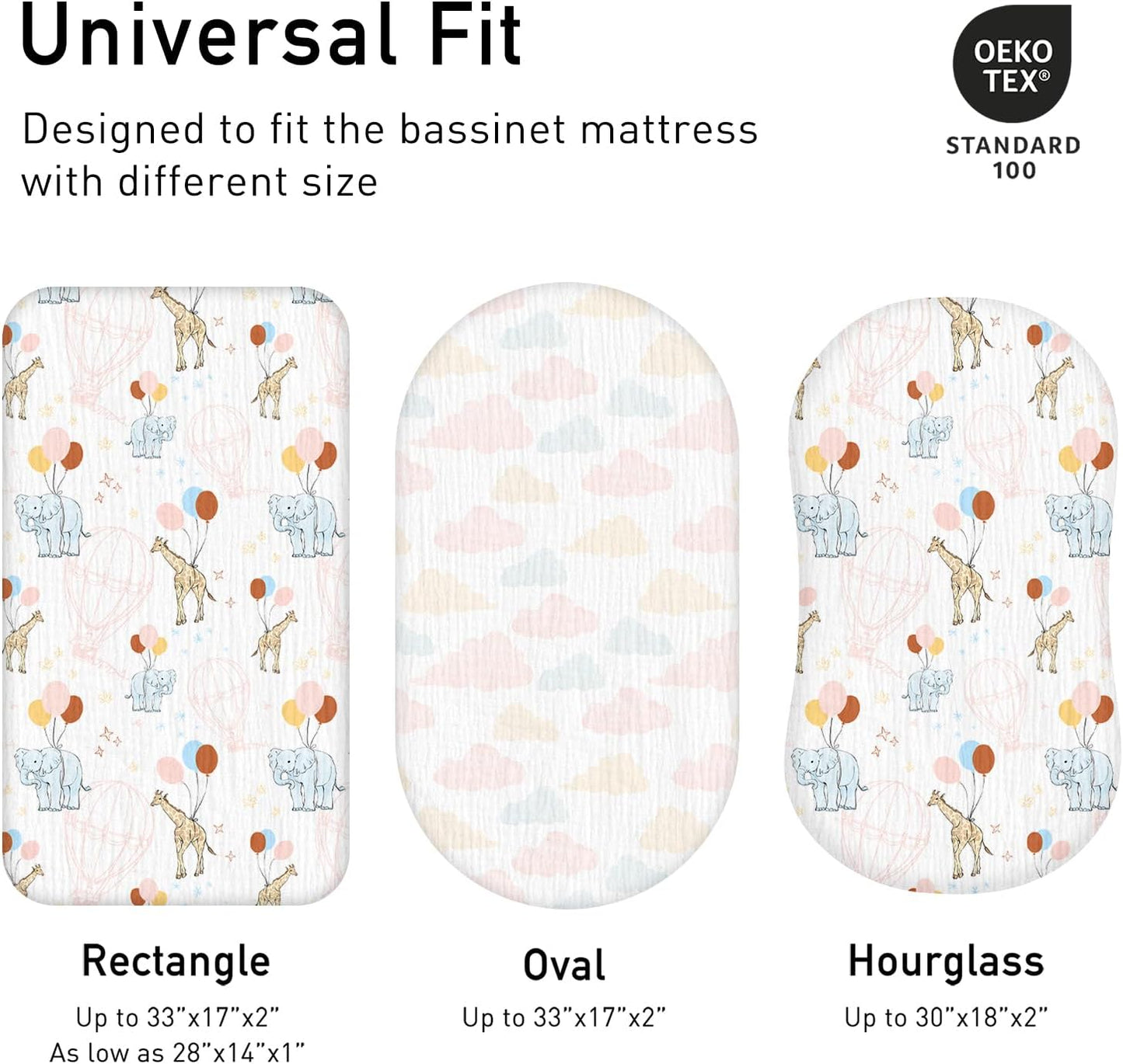 Muslin Bassinet Fitted Sheets, 2 Pack for Baby Boy and Girl, Soft Breathable Baby Pad/Mattress Sheet, Fit for Hourglass Oval and Rectangle Bassinet Mattress (Cute Animals)
