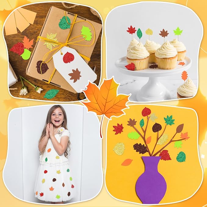 600Pcs Glitter Fall Leaf Foam Sticker Self Adhesive Maple Leaves | Autumn