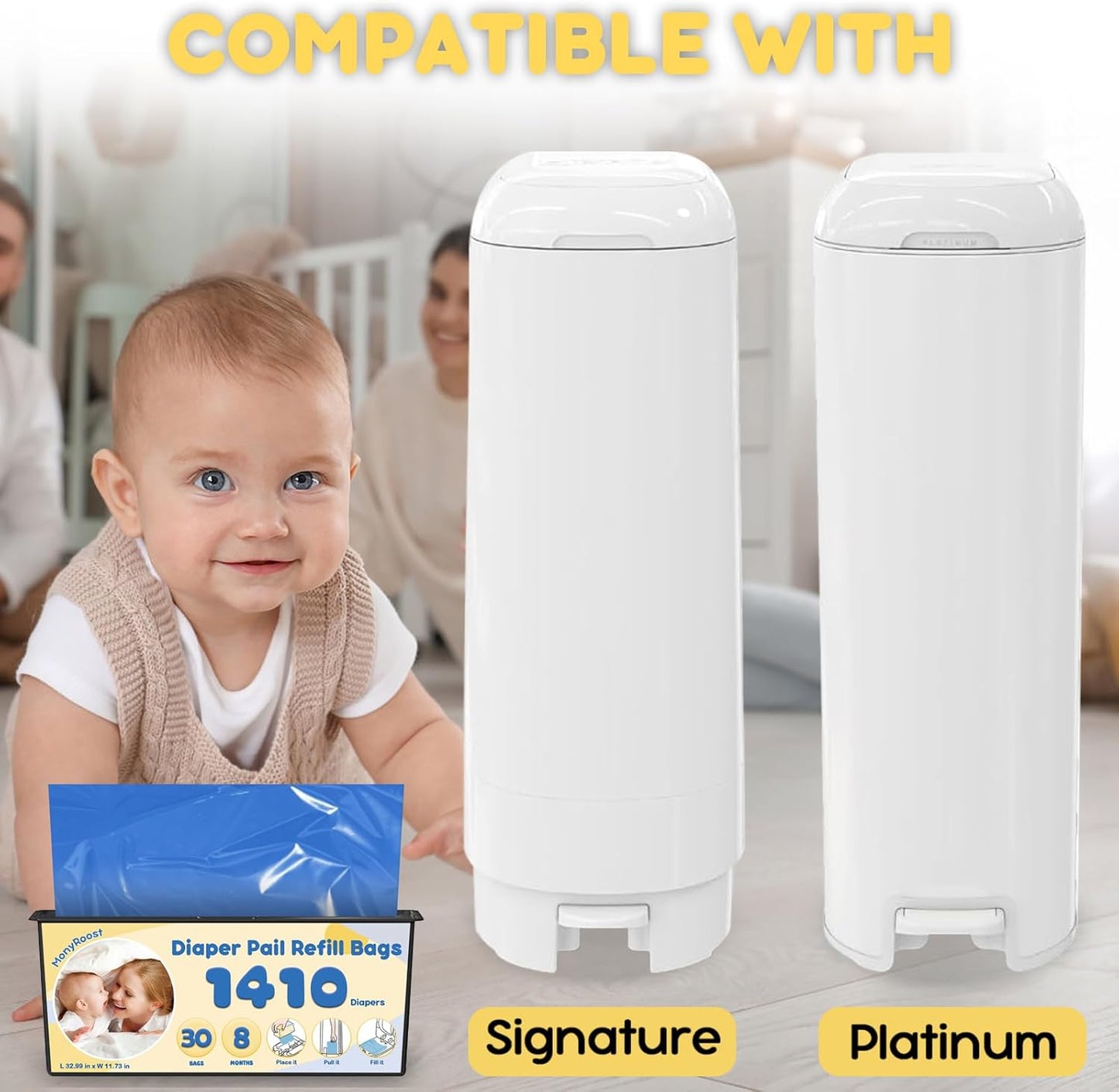Diaper Pail Refills Bags Compatible with Genie Easy Roll Signature & Platinum Diaper Pails | Holds Up to 1410 Newborn Diapers Per Refill — Unscented, Odor Locking, 2Pack(60 Bags)