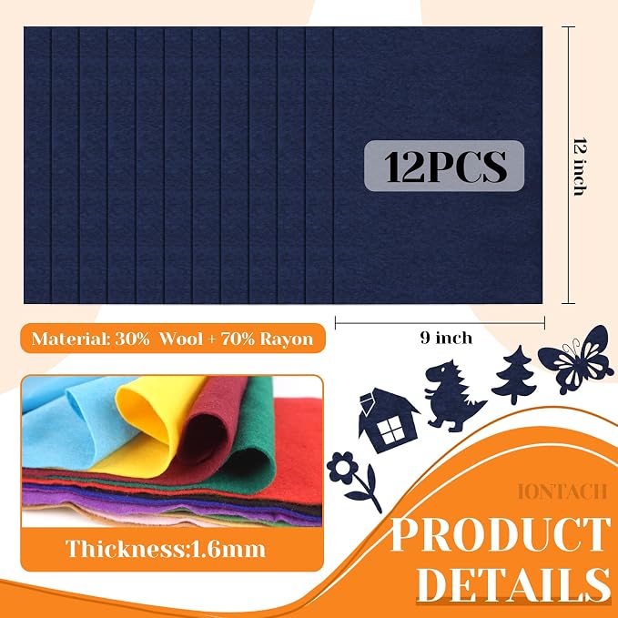 IONTACH 9" X 12" Felt Fabric Sheets 1.6mm Thick | Soft Felt