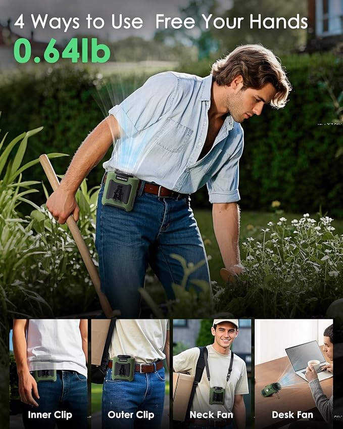 Portable Waist Fan Clip on, Personal Wearable Belt Fan 10000mAh Rechargeable Battery Under Shirt,5 Speeds with light, Neck Fan Hands-Free Cooling For Outdoor Camping Travel (Green)