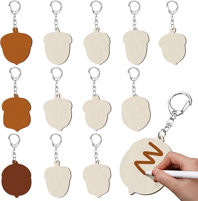 RattanView 24 Pcs Acorn Craft Color Your Own Keychains DIY Craft Wooden Blank