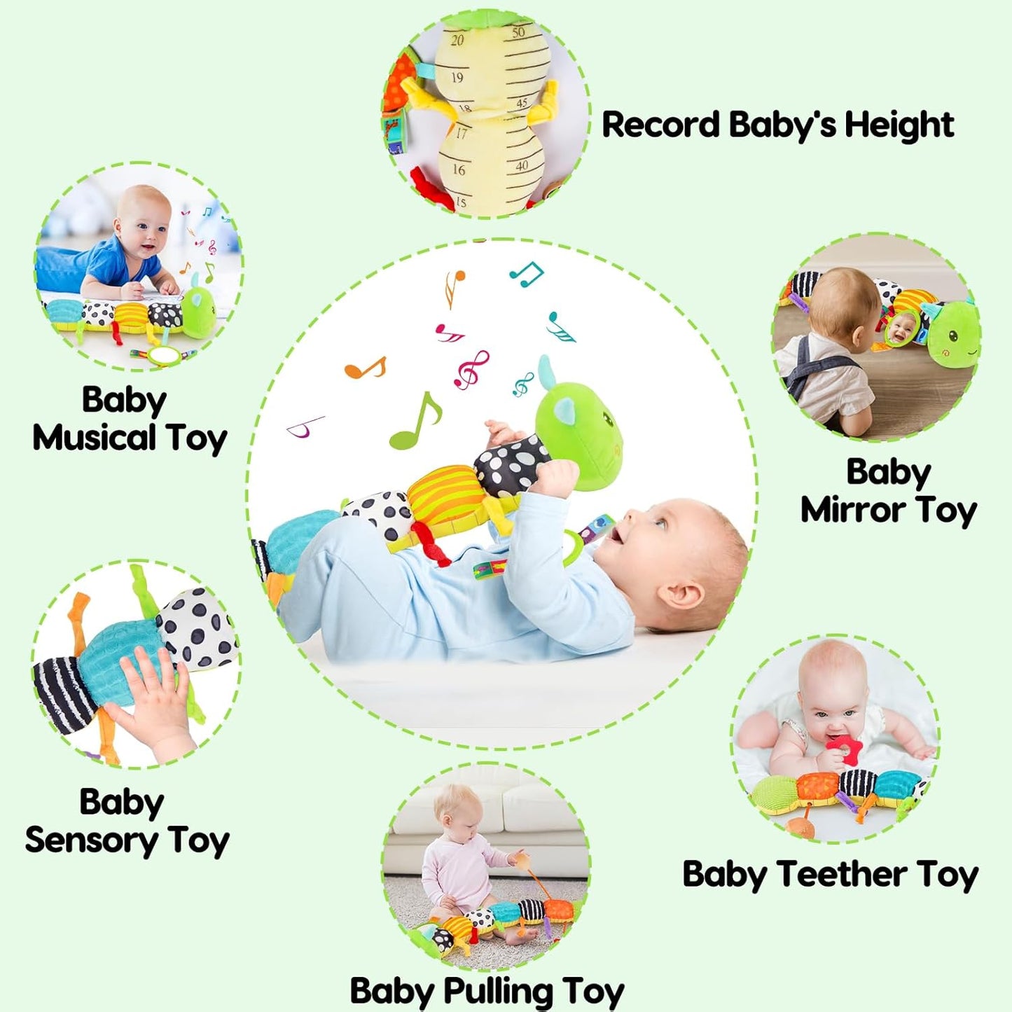 Baby Sensory Toy 0-6 Month Music Animal Stuffed Plush Caterpillar Toy for Infant 0-3-6-12 Month Old Tummy Time with Baby Mirror Crinkle Rattle Carseat Toys for Newborn Boys Girl Shower