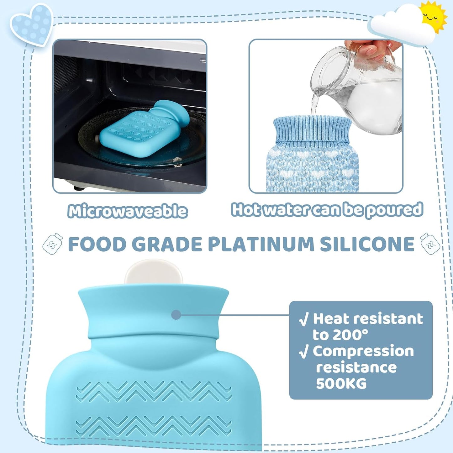 Amylove Mini Hot Water Bottle 320ml for Hot & Cold Compress with Cover Silicone Microwave Heating Small Water Bag for Travel Pain Relief Holiday Gifts(Blue)