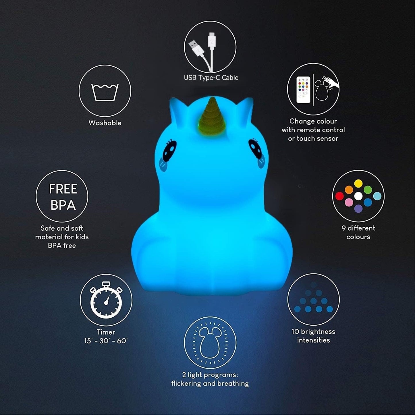 Large Unicorn Night Lights for Kids, 9 Colors silicone Bedside Table Lamps Baby Bedroom Lighting Nursery Children Tap lamp for Toddlers Boys Girls Adults Student Elder Bathroom Outdoor - Large