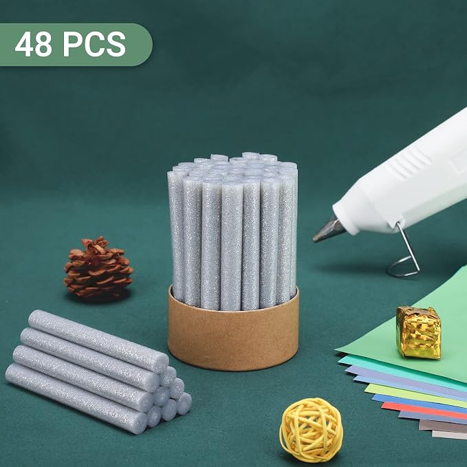 Glitter Silver Hot Glue Sticks, Manarty 48 PCS Full Size 0.43" Dia x 4" Long