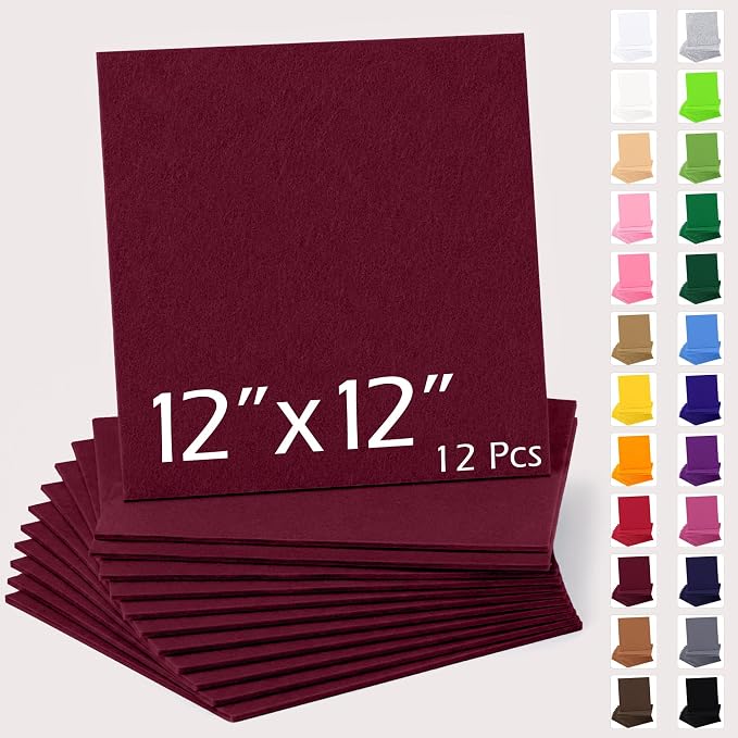 12" x 12" Felt Sheets for Crafts, 2mm Stiff Felt Fabric, Burgundy | 2mm Thick