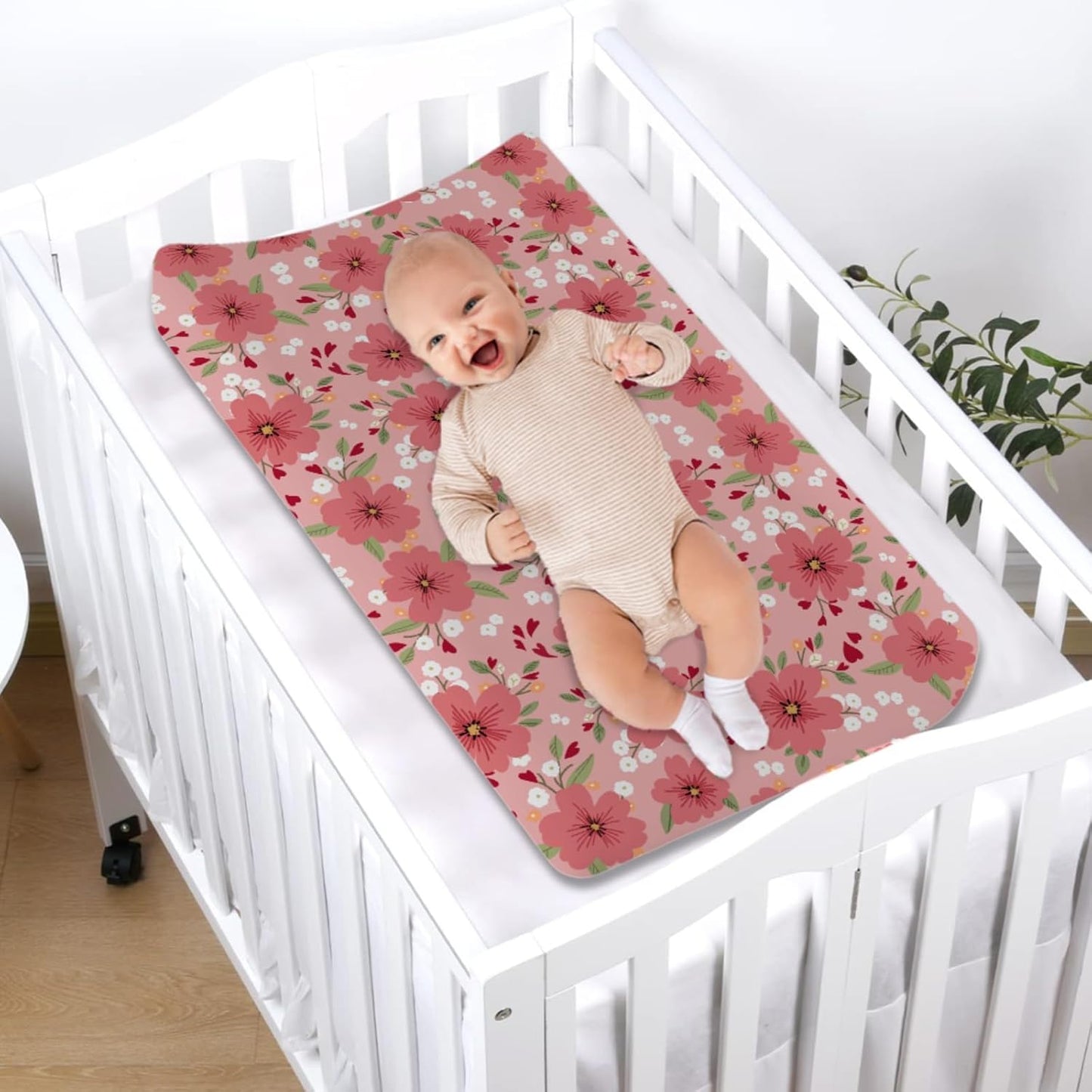 Love Blooms Baby Changing Pad Covers for Boy Girl 32''x16'' Red Heart Blossoms Fitted Diaper Change Table Sheets Spring Floral Flowers Soft Breathable Nursery Baby Changing Table Mats