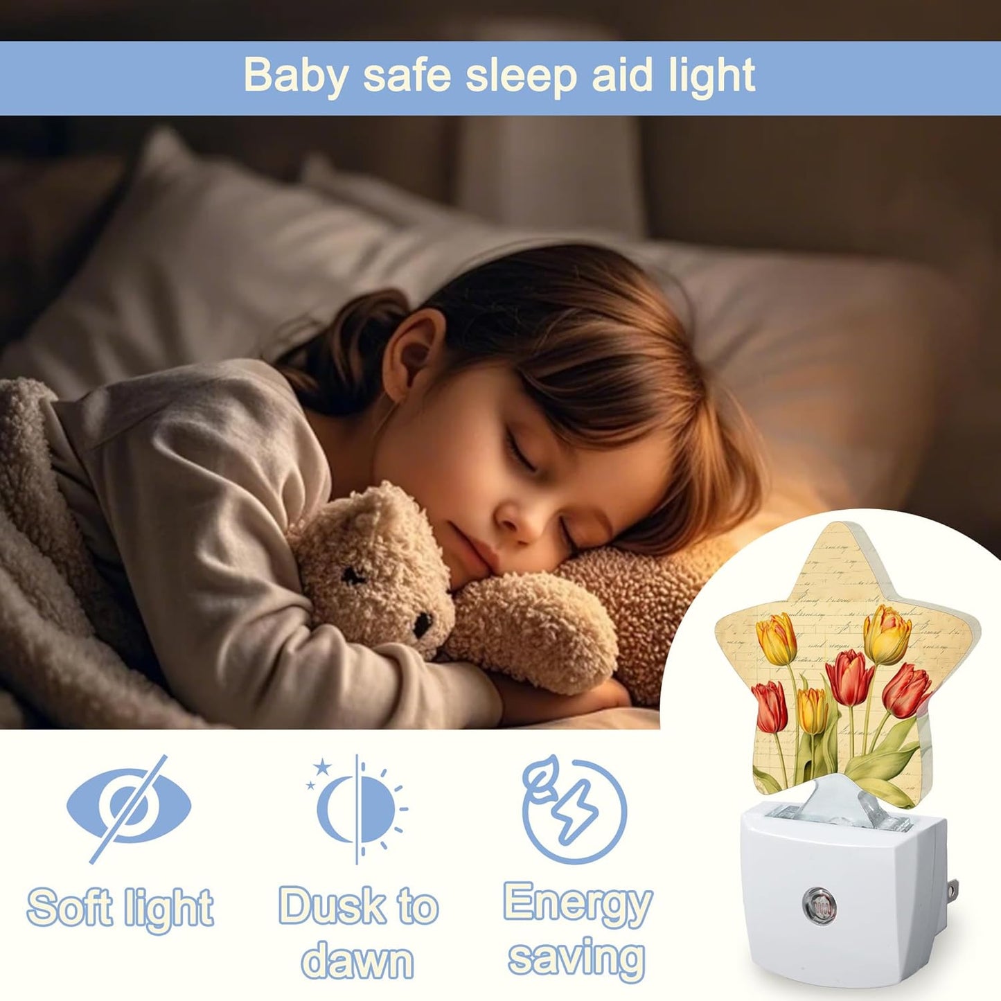 Vintage Tulips Nightlight,Spring Flowers Star Night Lights Plug into Wall Decorations for Bedroom Bathroom,Dusk to Dawn Sensor Kitchen Hallway Stairs Energy Efficient Desk Lamp
