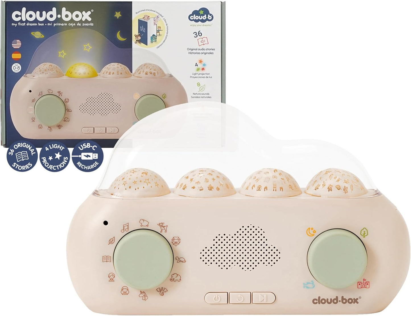 Cloudb Cloudbox Dreambox Storytime Audio Story Books Toy Gift for Toddlers Kids Girls Boys | English/Spanish Voice Record Storyteller | 36 Stories, 8 Melodies, Star Projector Night Light White Noise