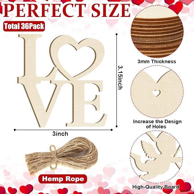 36PCS Wooden Heart Ornaments to Paint Valentine's Day Craft, 9 Styles DIY Blank