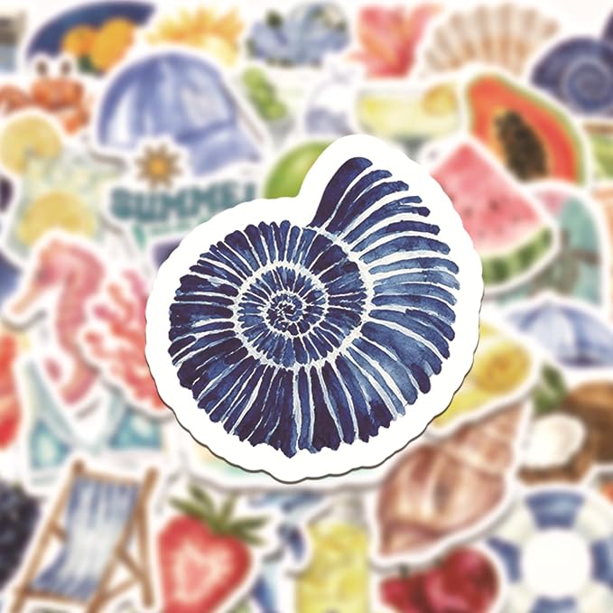 50 Pcs Watercolor Summer Beach Stickers, Tropical Ocean Fruit Sea Creature