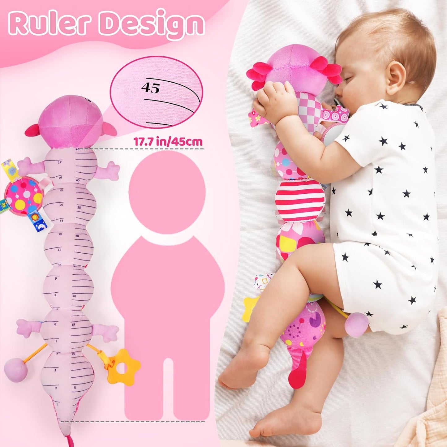 Baby Toys for 0-6 6-12 Months, Plush Axolotl Toy with Crinkle and Rattles for Infant Newborn, Sensory Music Animal Stuffed Toy for 0 1 2 3 4 5 6+ Month, Tummy Time Toys Gifts for 0-3-6-12 Months,Pink