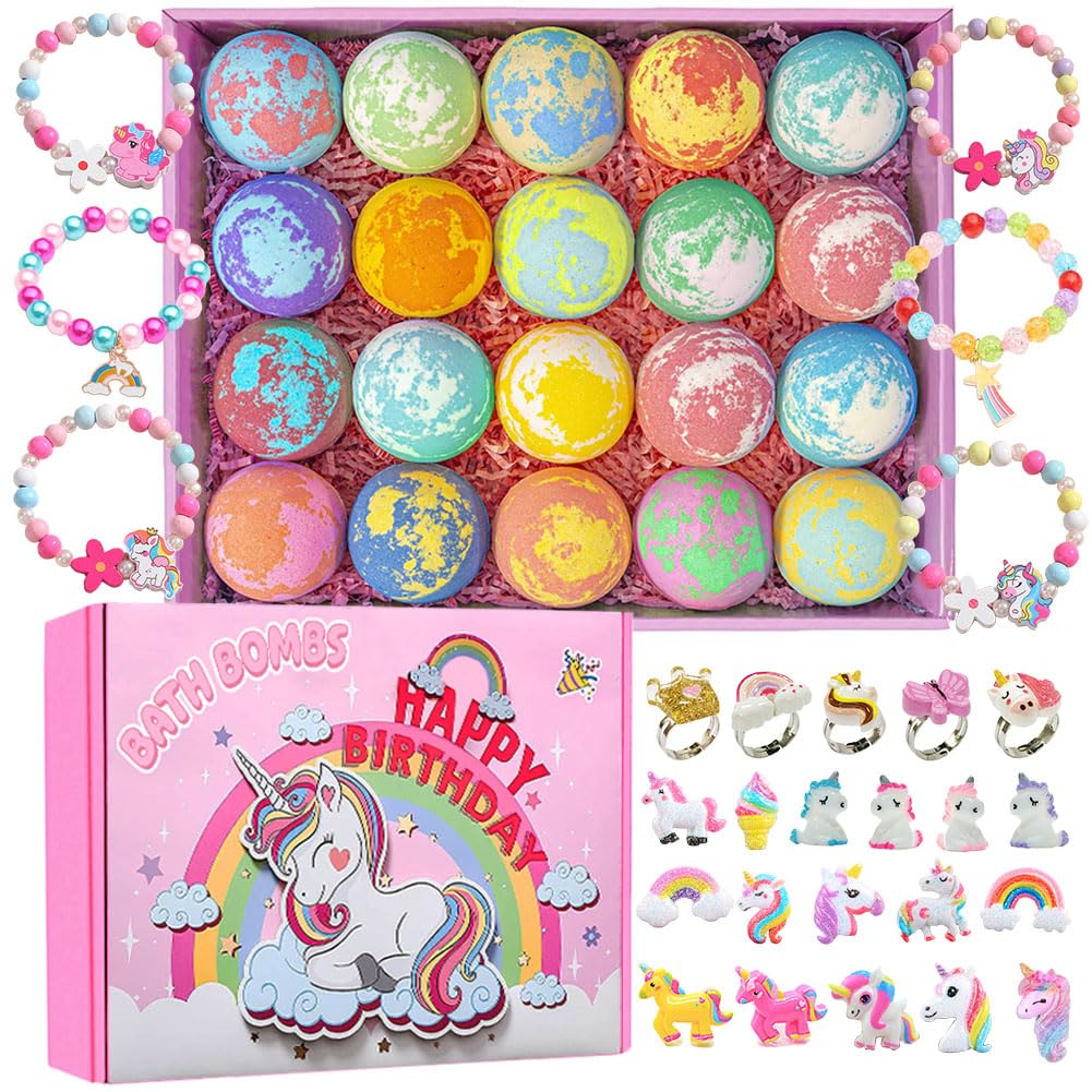 Kims Cosiart Unicorn Bath Bombs for Girls & Kids, 20 Pack Gift Set with Handmade Bath Bombs for Girls, Surprise Inside, Birthday & Christmas Gifts, Pink