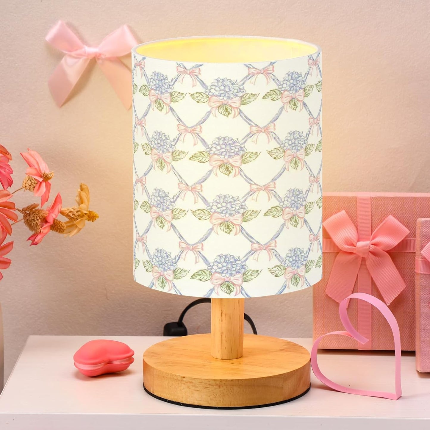 VIHOSE Blue Hydrangea Kids Table Lamp for Bedroom Kids Bedside Lamp with Linen Wooden Nightstand Cartoon Nursery Lampshade for Girls Boys Living Room