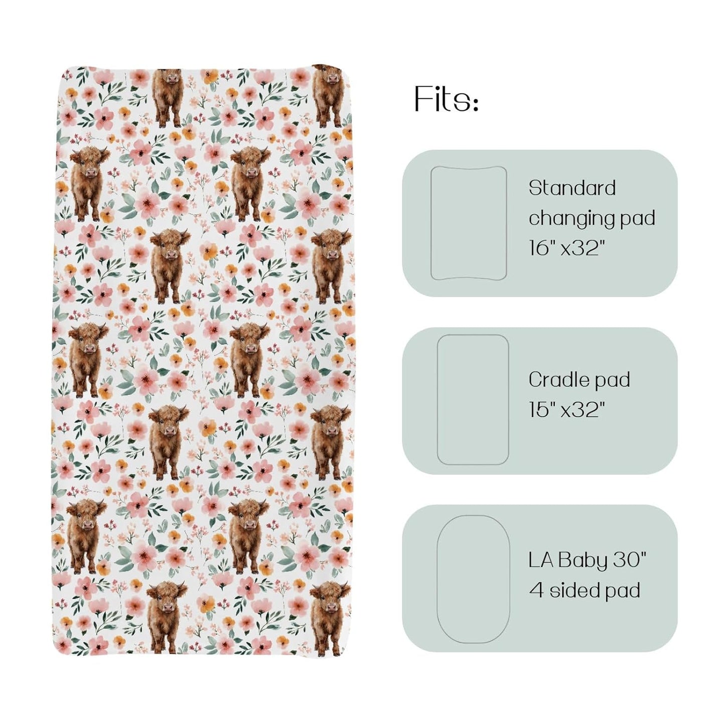HawSkgFub Highland Cow Boho Floral Changing Pad Cover for Baby Girls, Western Farm Animal Retro Flower Diaper Change Table Covers, Soft Stretchy Safe Snug Fitted Changing Mat Sheet Fit 32"/34" x 16"