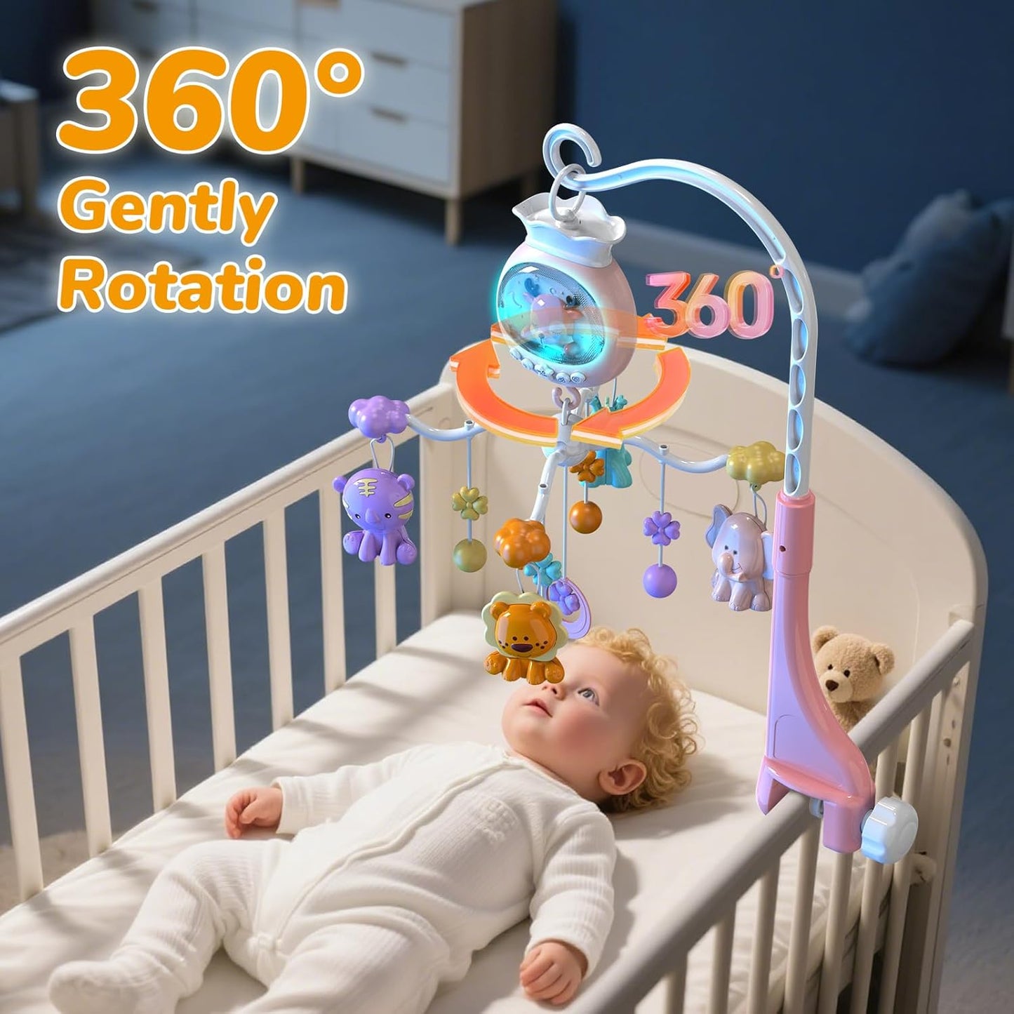 Crib Mobile with Music and Lights, Baby Mobiles for Cribs, Nursery Mobile Arm Hanging Toys for Bassinets Girls Boys Babies, Musical Infant Space Portable Mobiles Clip On Pack and Play Hanger