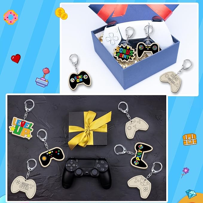 RattanView 24 Pcs Video Game Craft Color Your Own Keychains DIY Craft Wooden