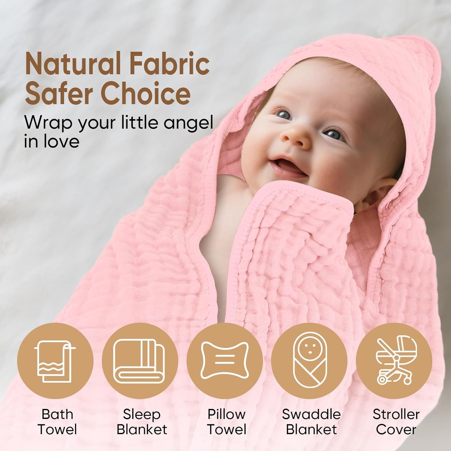 Muslin Hooded Baby Towels 100% Cotton ，Super Soft Muslin Baby Bath Towel - 32 x 32 Inches, Suitable for Newborn and Young Children up to 3 Years Old. (Light Pink & Dark Pink)