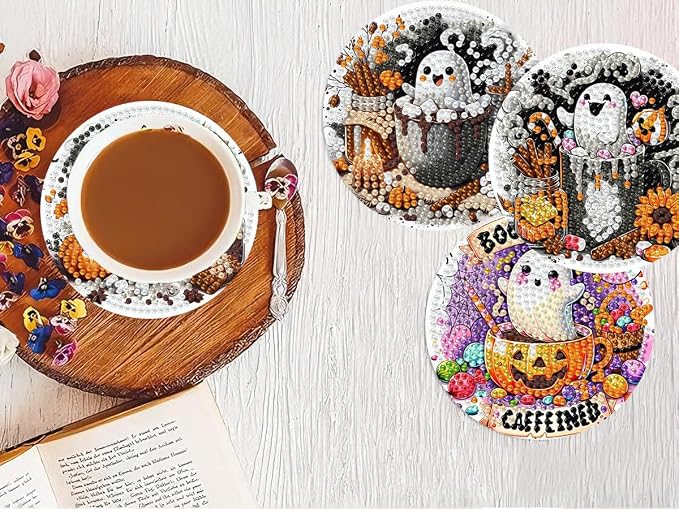 8 PCS Halloween Diamond Art Coasters Kits, Ghost Diamond Painting Coaster |