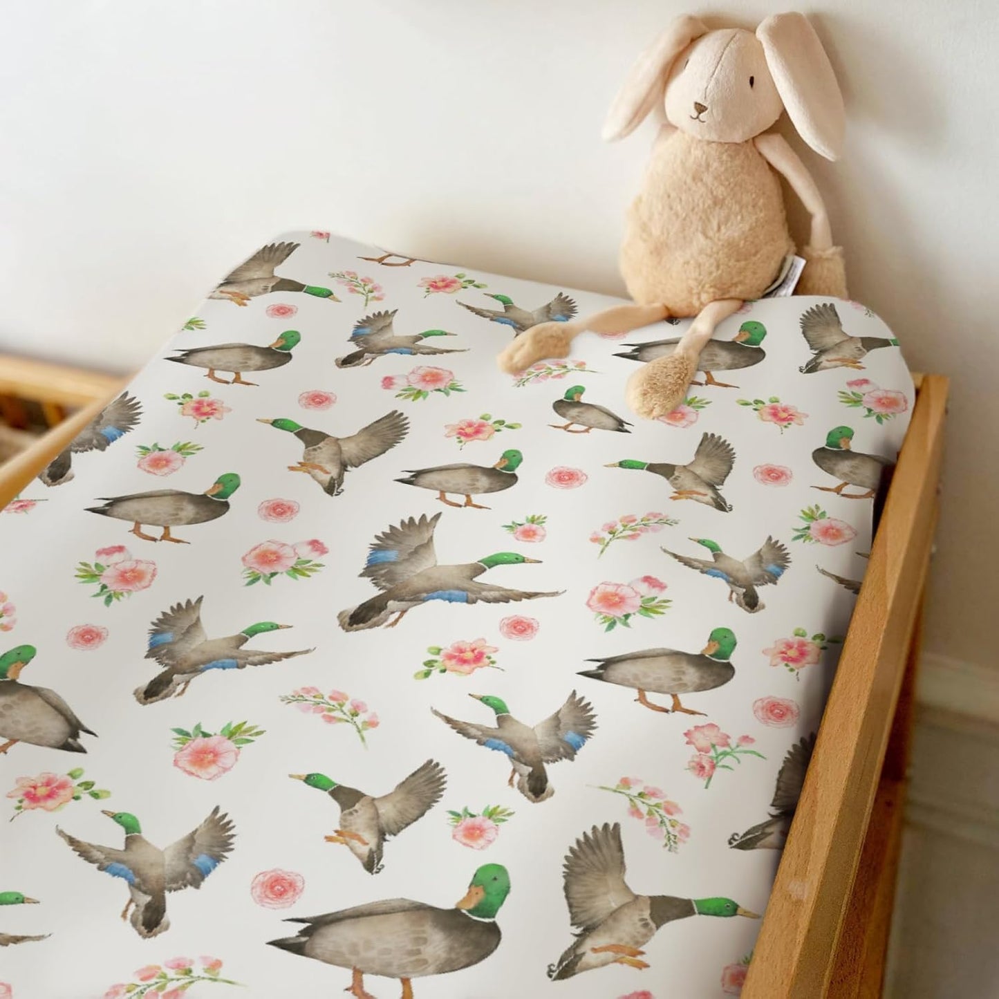 Mallard Ducks Boho Floral Changing Pad Covers for Baby Girl Boy Green Duck Spring Fitted Change Table Cover Mats Wild Duck Hunting Soft Diaper Changing Table Sheets 32''×16''