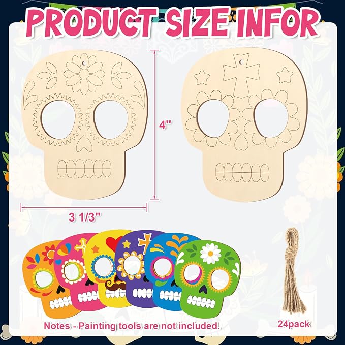 COCHIE Day of the Dead Skull Wood Crafts to Paint Set of 24, Día De Los Muertos
